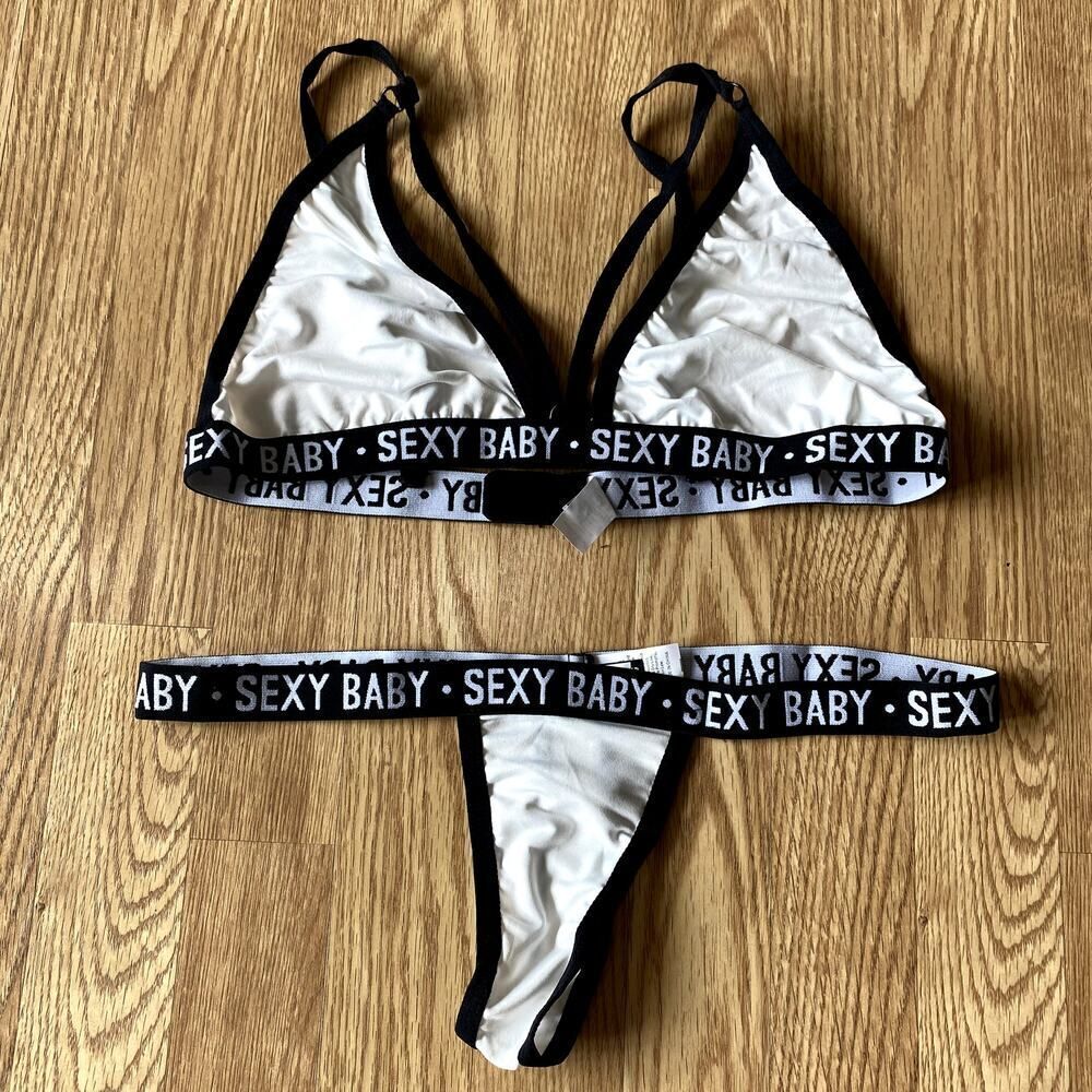 Lanshifei Sexy Baby Bralette and Thong Set Black White XL